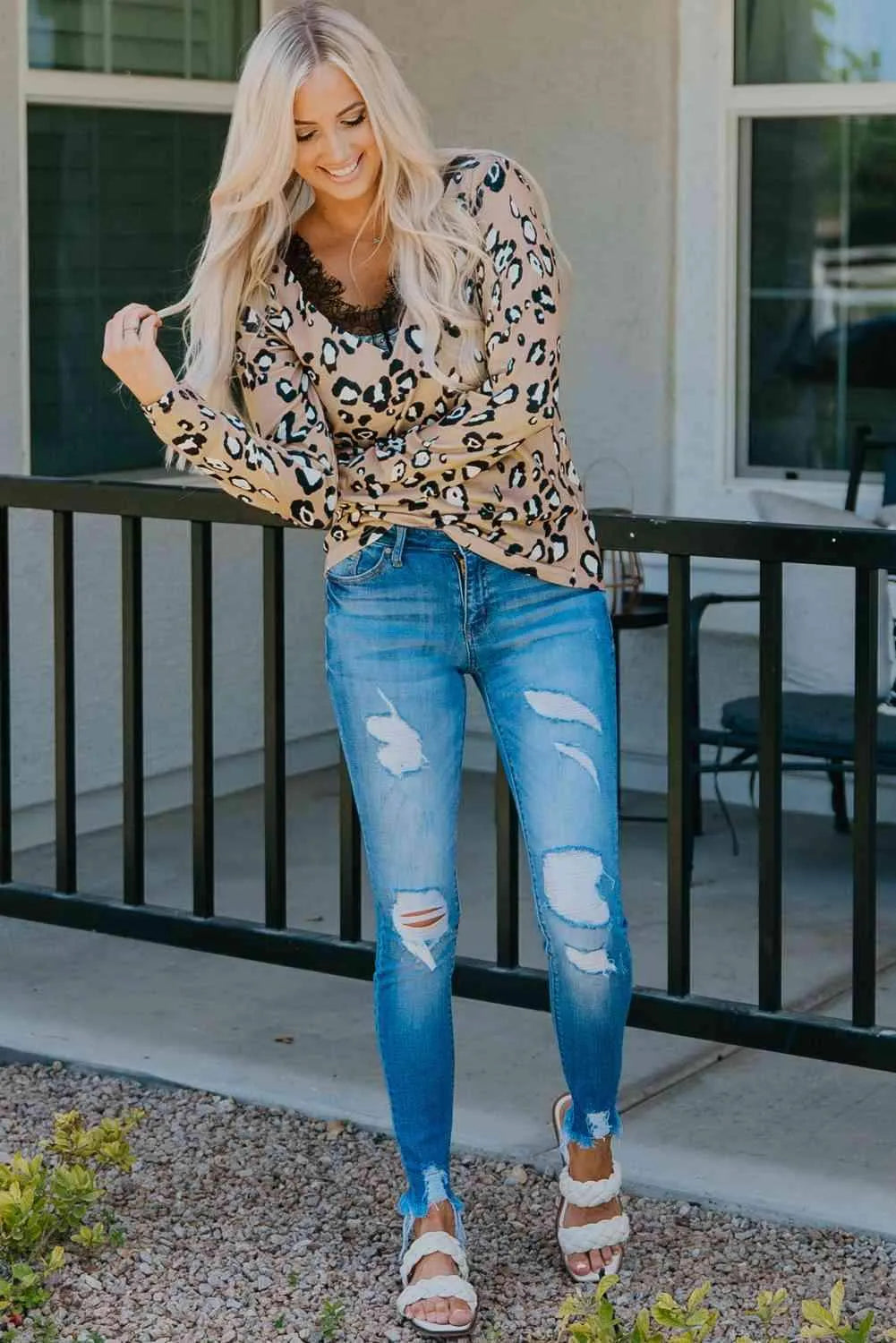 Leopard Print Lace Trim V-Neck Top Blouses - Tophatter Daily Deals