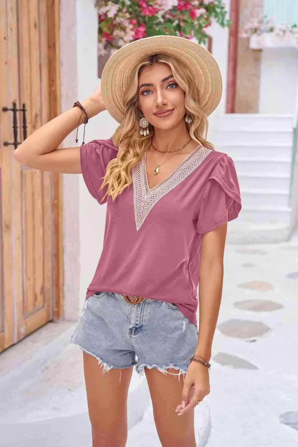 Contrast V-Neck Petal Sleeve Top Blouses - Tophatter Daily Deals