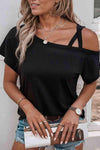 Crisscross Asymmetrical Neck Short Sleeve Top Black Blouses - Tophatter Daily Deals