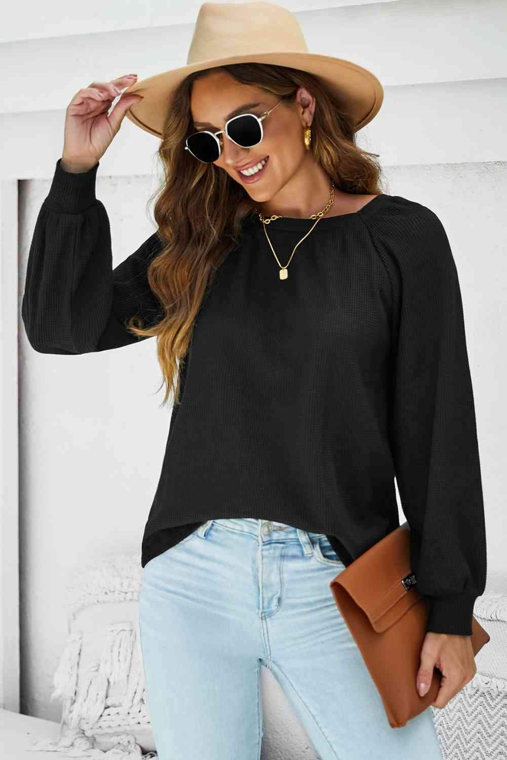 Waffle-Knit Long Raglan Sleeve Top Blouses - Tophatter Daily Deals