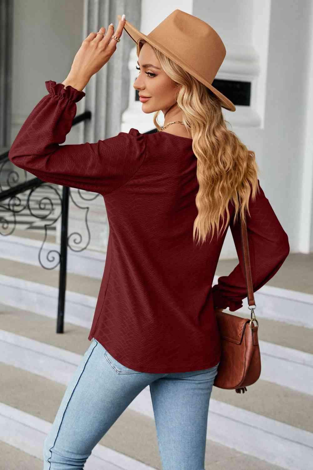 Round Neck Flounce Sleeve Blouse Blouses - Tophatter Daily Deals