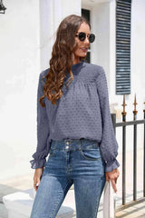 Smocked Mock Neck Swiss Dot Top Blouses - Tophatter Daily Deals