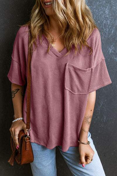 Textured V-Neck Dropped Shoulder T-Shirt Women's T-Shirts - Tophatter Daily Deals