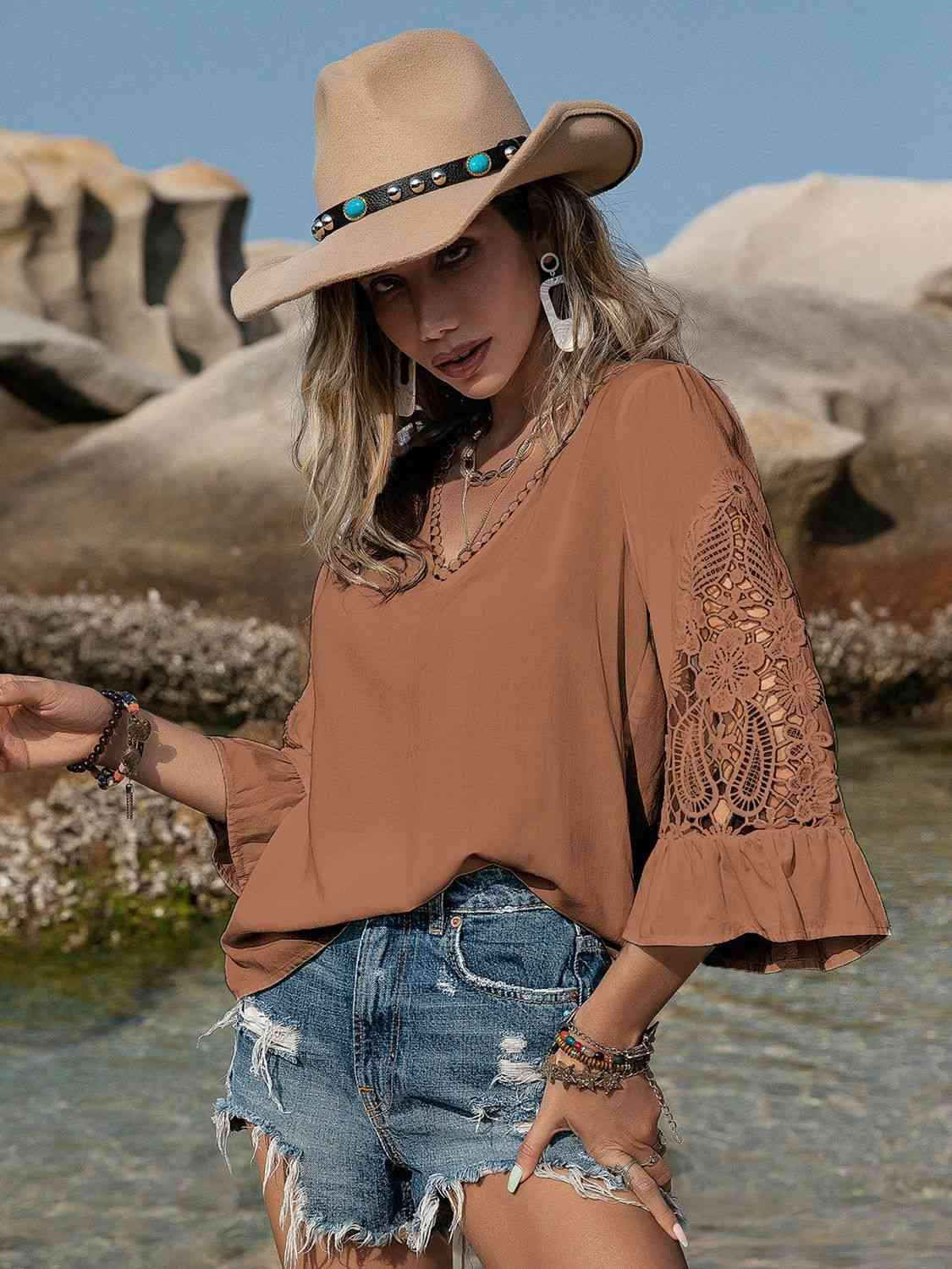 Openwork V-Neck Flounce Sleeve Blouse Blouses - Tophatter Daily Deals