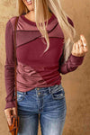 Color Block Exposed Seam Long Sleeve Top Deep Red Blouses - Tophatter Daily Deals