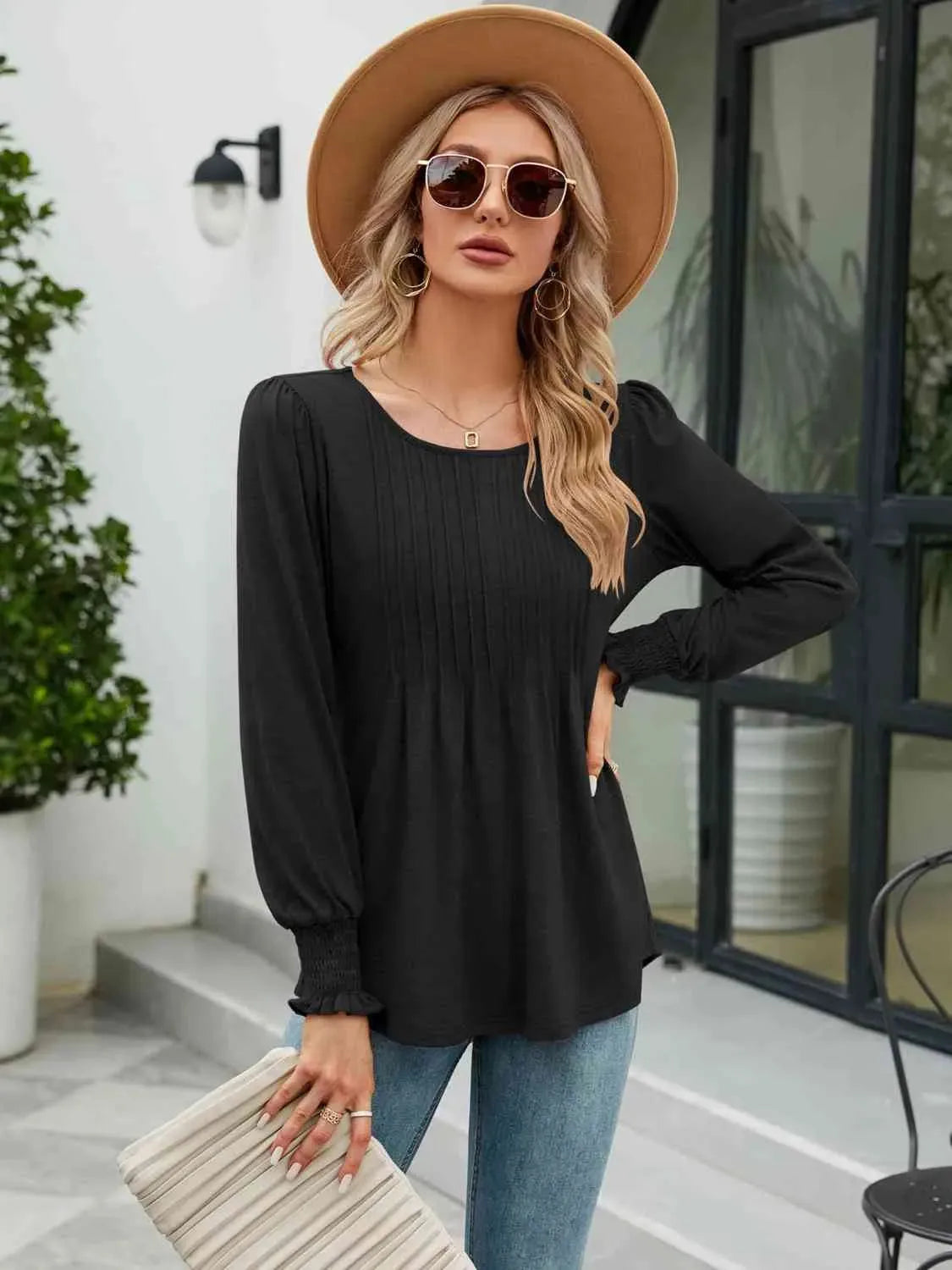 Smocked Round Neck Lantern Sleeve Blouse Black Blouses - Tophatter Daily Deals