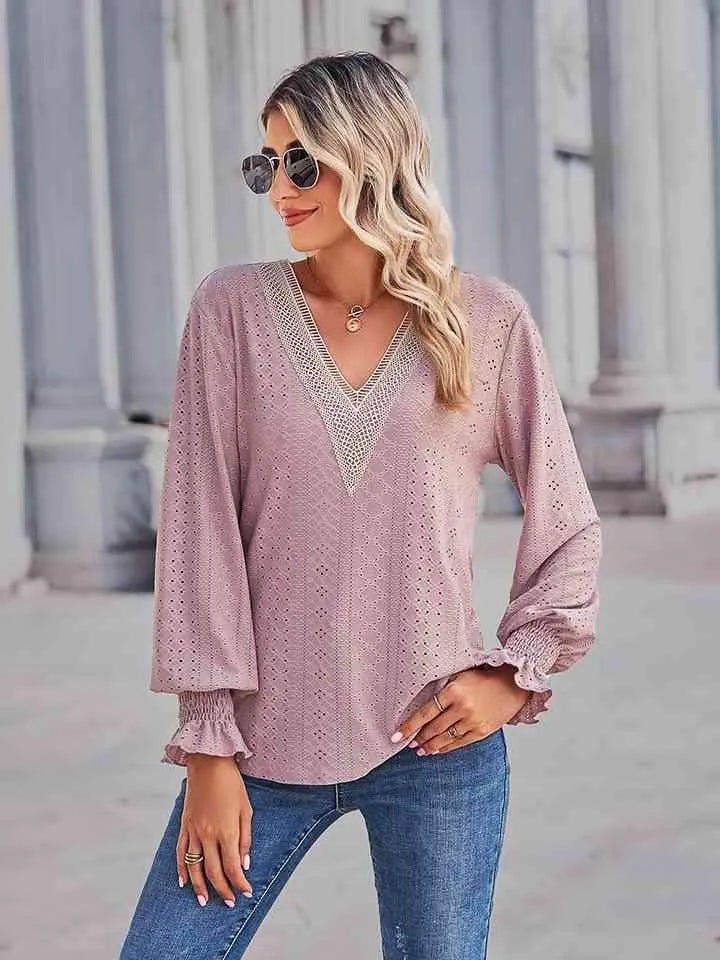 V-Neck Eyelet Flounce Sleeve Blouse Blouses - Tophatter Daily Deals