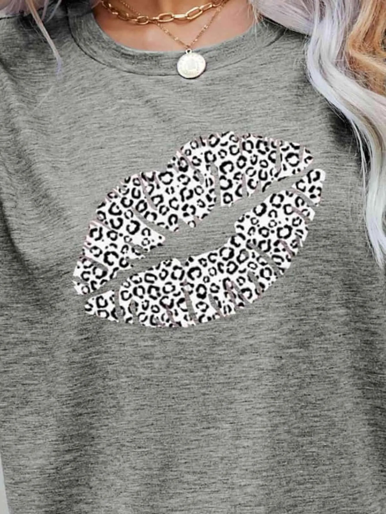 Leopard Lip Graphic Round Neck Tee Women's T-Shirts - Tophatter Daily Deals