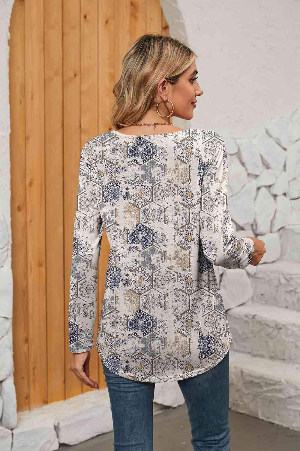 Printed Square Neck Long Sleeve Blouse Blouses - Tophatter Daily Deals