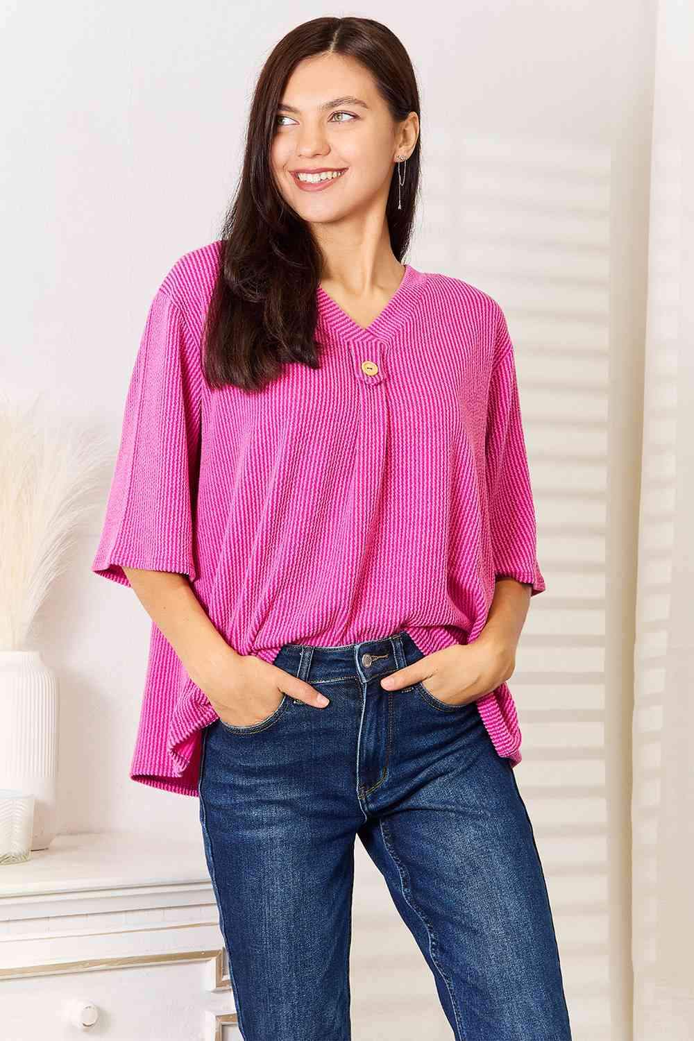 Sew In Love Full Size Ribbed V-Neck Short Sleeve Top Blouses - Tophatter Daily Deals