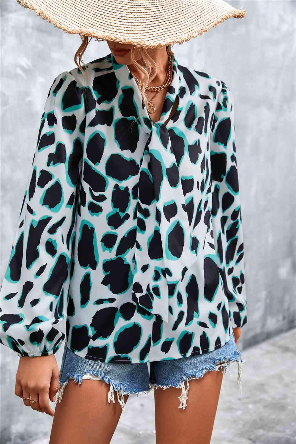 Printed Tie Neck Puff Sleeve Blouse Black Blouses - Tophatter Daily Deals