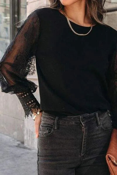 Lace Detail Mesh Lantern Sleeve Blouse Blouses - Tophatter Daily Deals