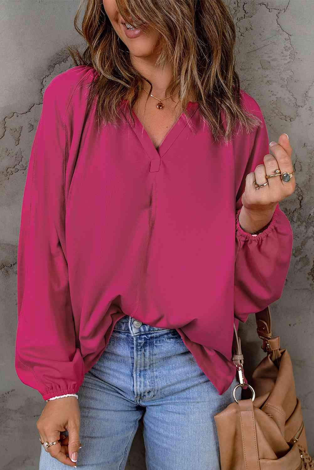 Notched Neck Balloon Sleeve Blouse Deep Rose Blouses - Tophatter Daily Deals