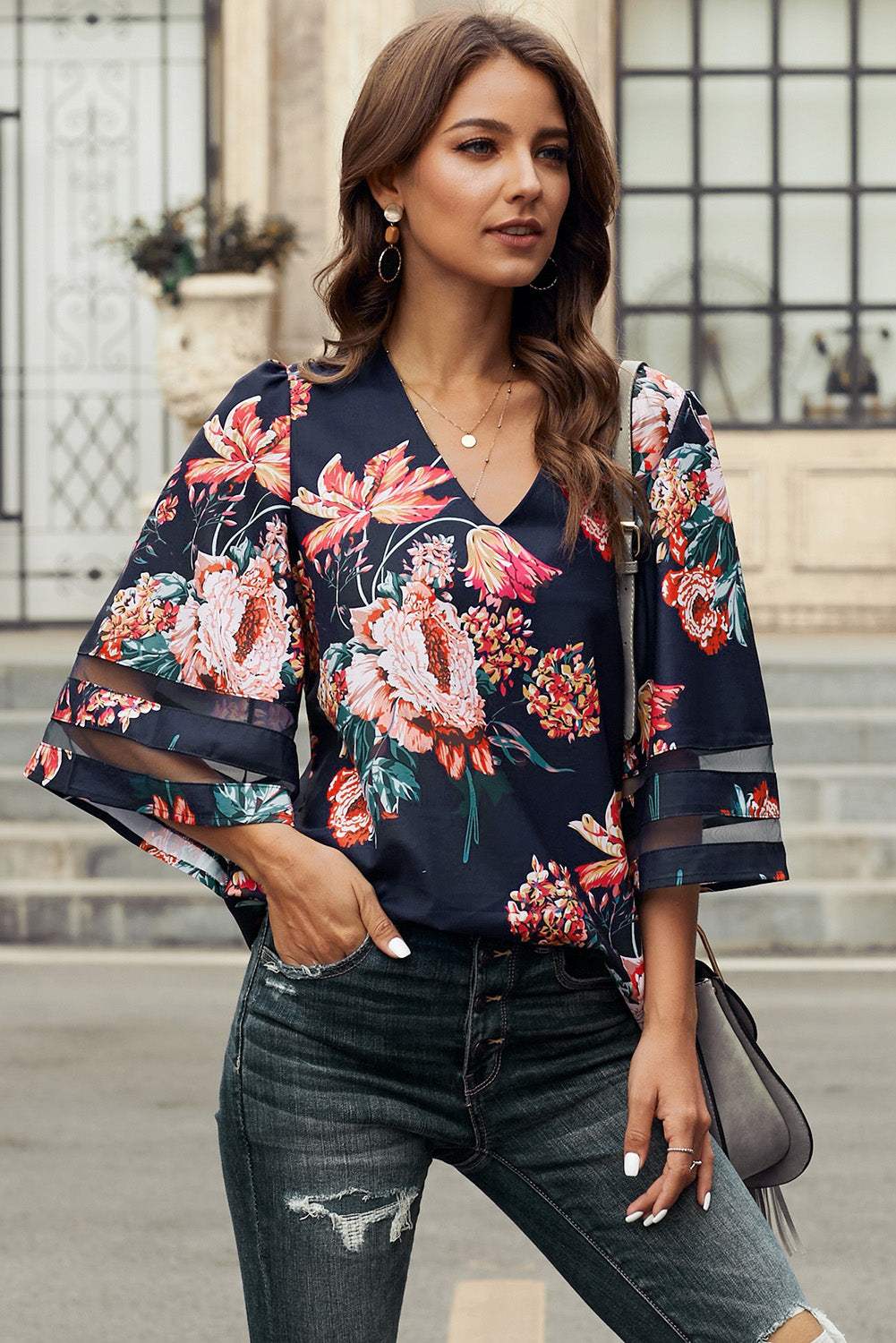 Printed Flare Sleeve Top Blouses - Tophatter Daily Deals