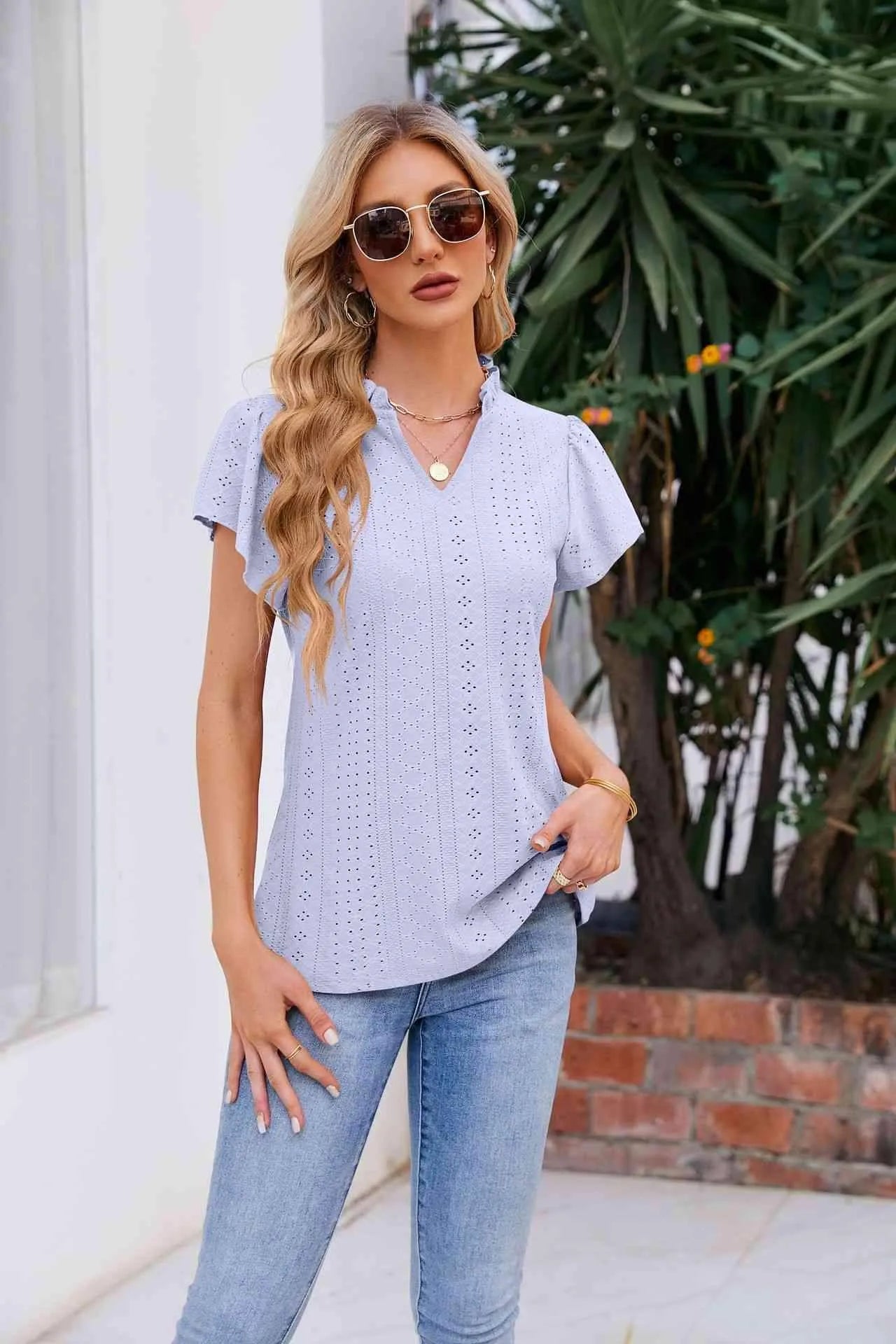 Notched Neck Puff Sleeve Blouse Lavender Blouses - Tophatter Daily Deals