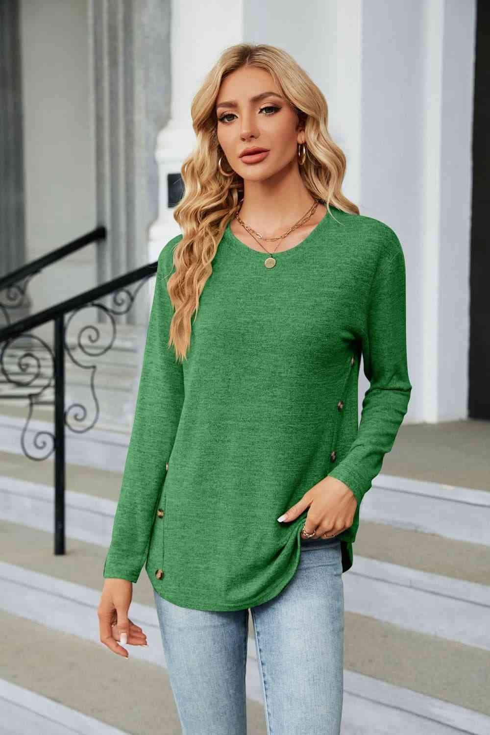 Round Neck Long Sleeve T-Shirt Mid Green Women's T-Shirts - Tophatter Daily Deals