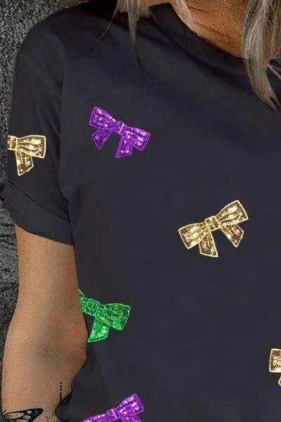 Plus Size Sequin Bow Print Short Sleeve T-Shirt Women's T-Shirts - Tophatter Daily Deals