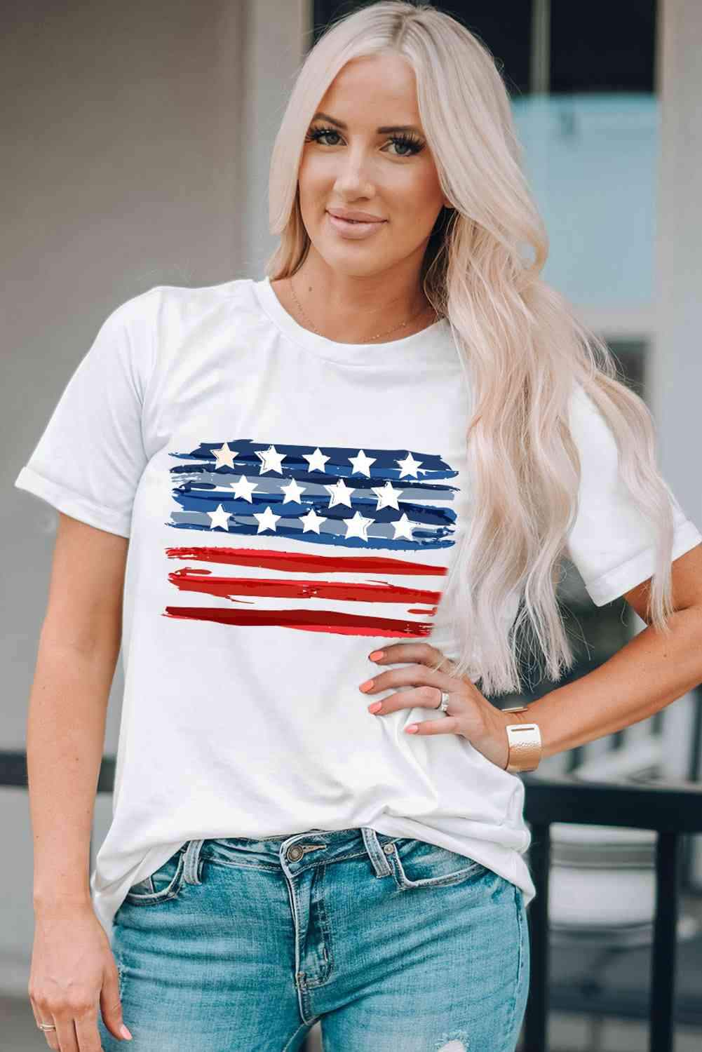 US Flag Graphic Round Neck Tee Women's T-Shirts - Tophatter Daily Deals