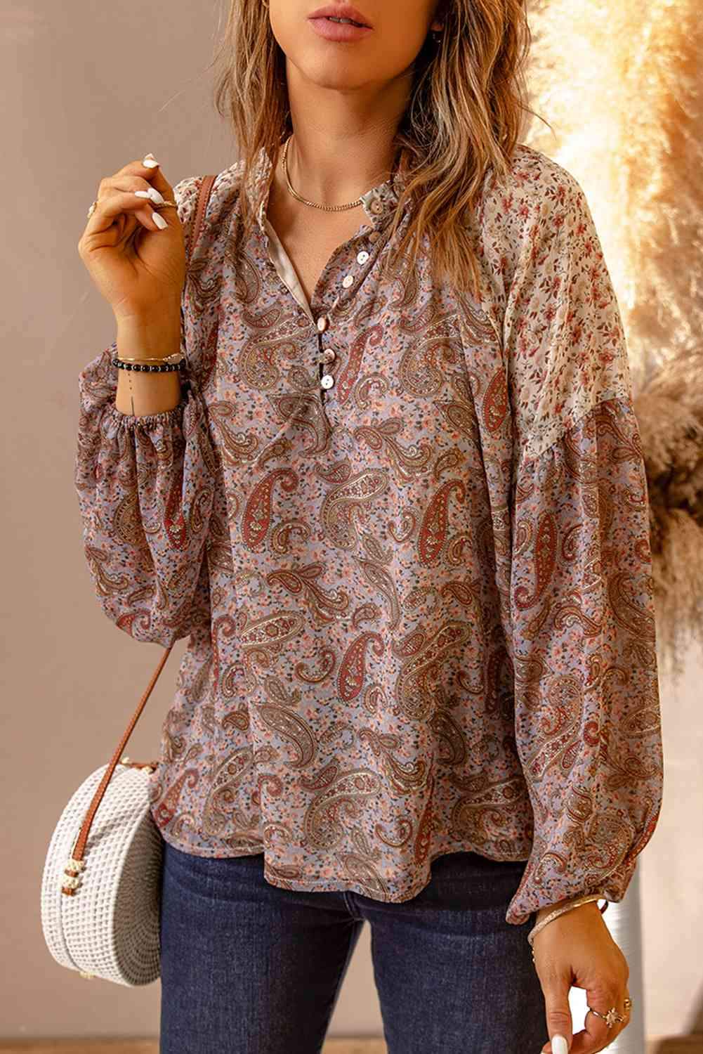 Paisley Print Quarter Button Balloon Sleeve Blouse Taupe Blouses - Tophatter Daily Deals