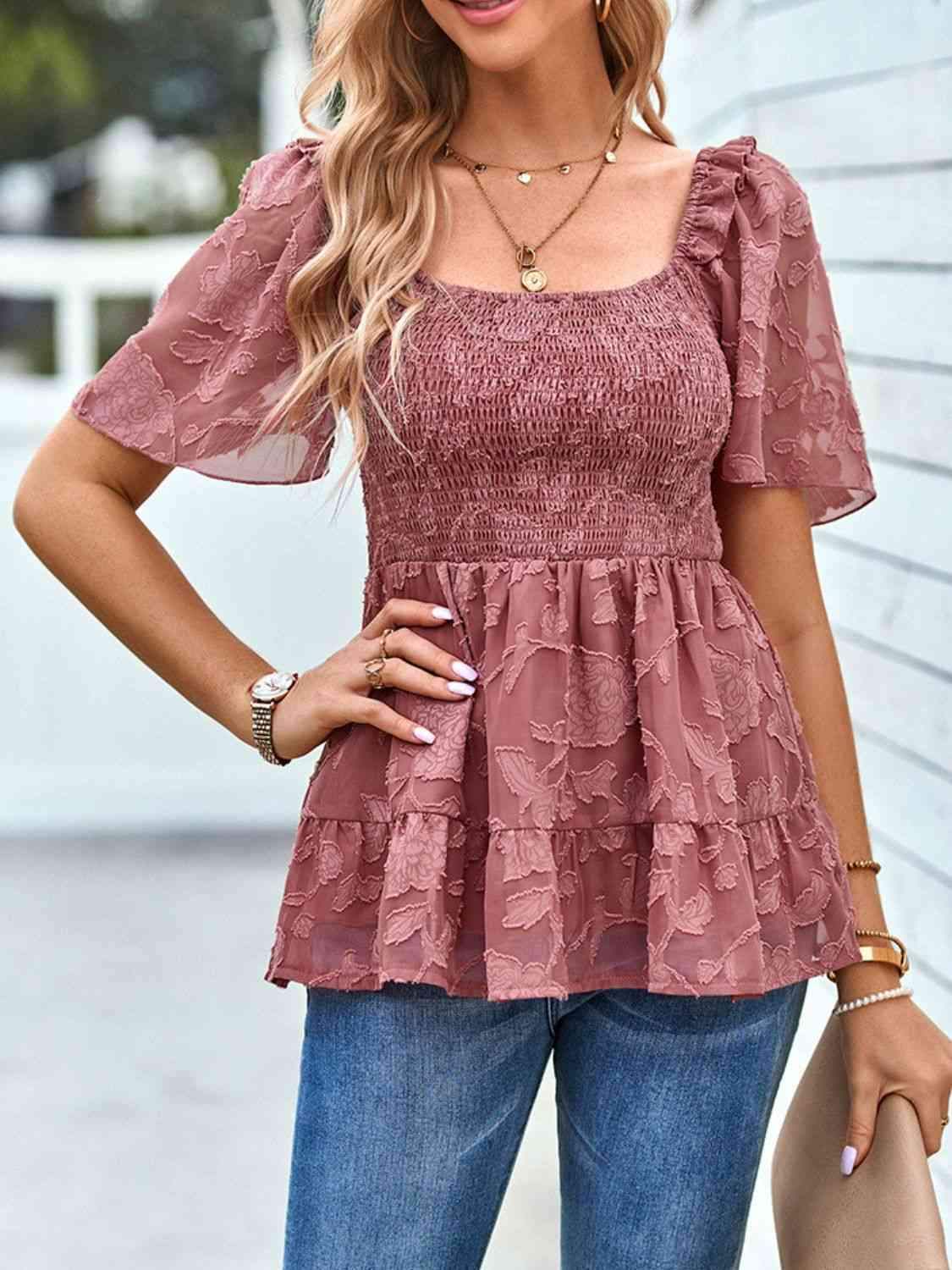 Smocked Square Neck Babydoll Blouse Blouses - Tophatter Daily Deals