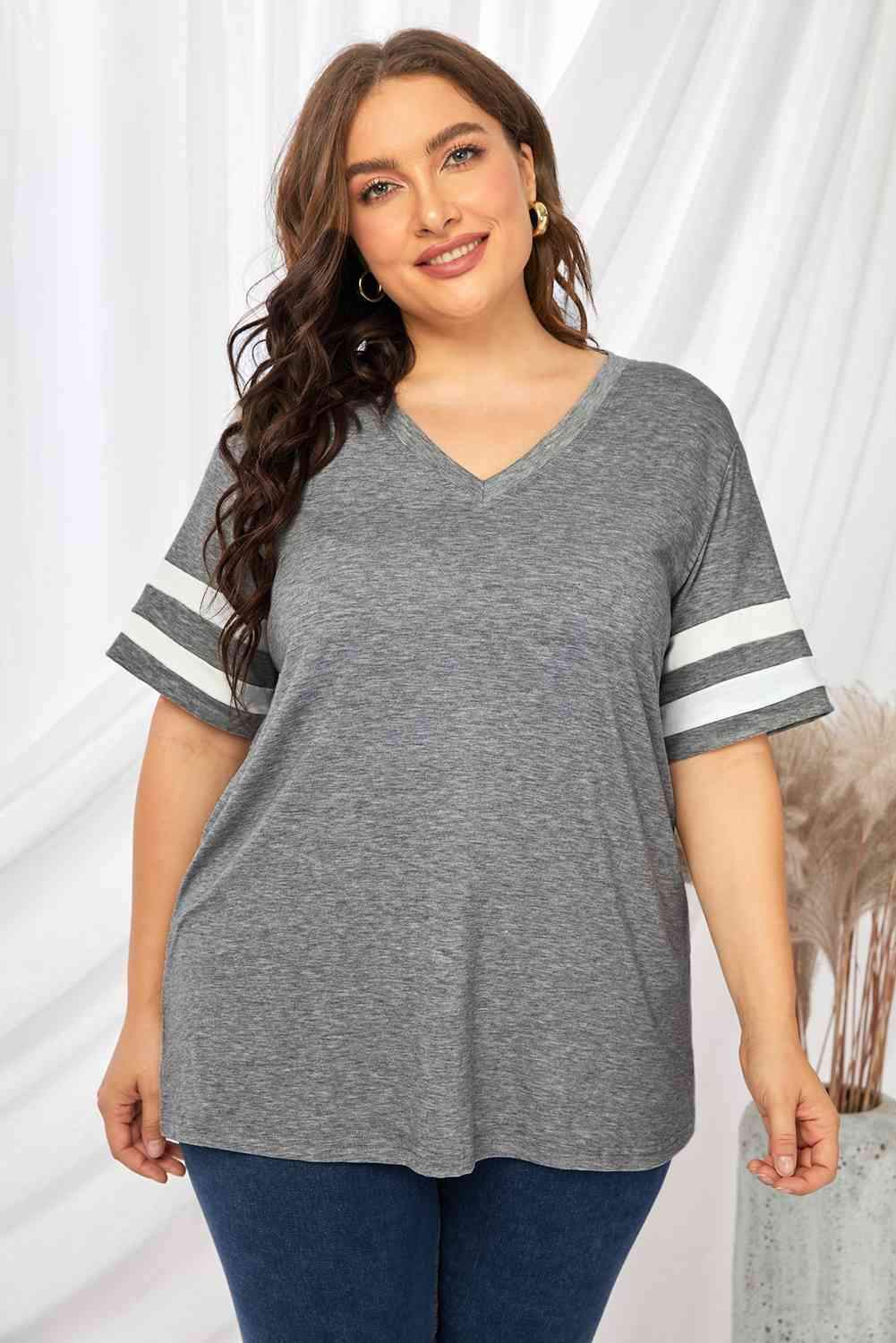 Plus Size Striped V-Neck Tee Shirt Mid Gray Women's T-Shirts - Tophatter Daily Deals