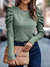 Round Neck Puff Sleeve Sleeve Blouse Sage Blouses - Tophatter Daily Deals