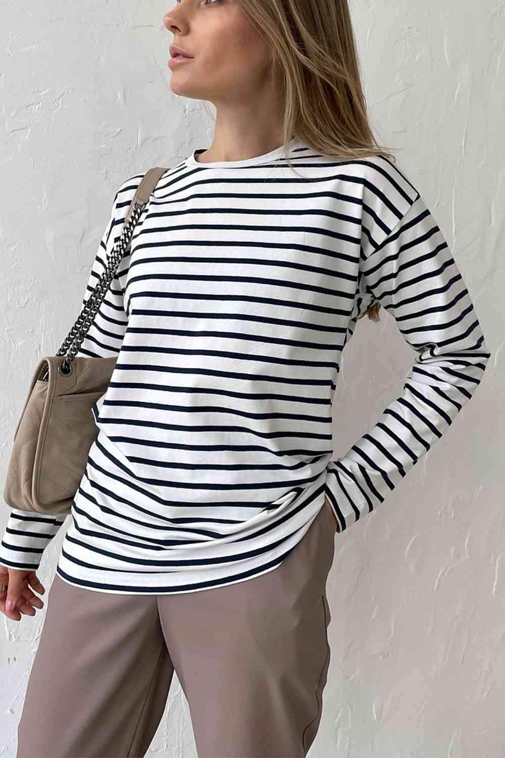 Round Neck Striped Dropped Shoulder T-Shirt White Women's T-Shirts - Tophatter Daily Deals