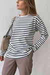 Round Neck Striped Dropped Shoulder T-Shirt White Women's T-Shirts - Tophatter Daily Deals