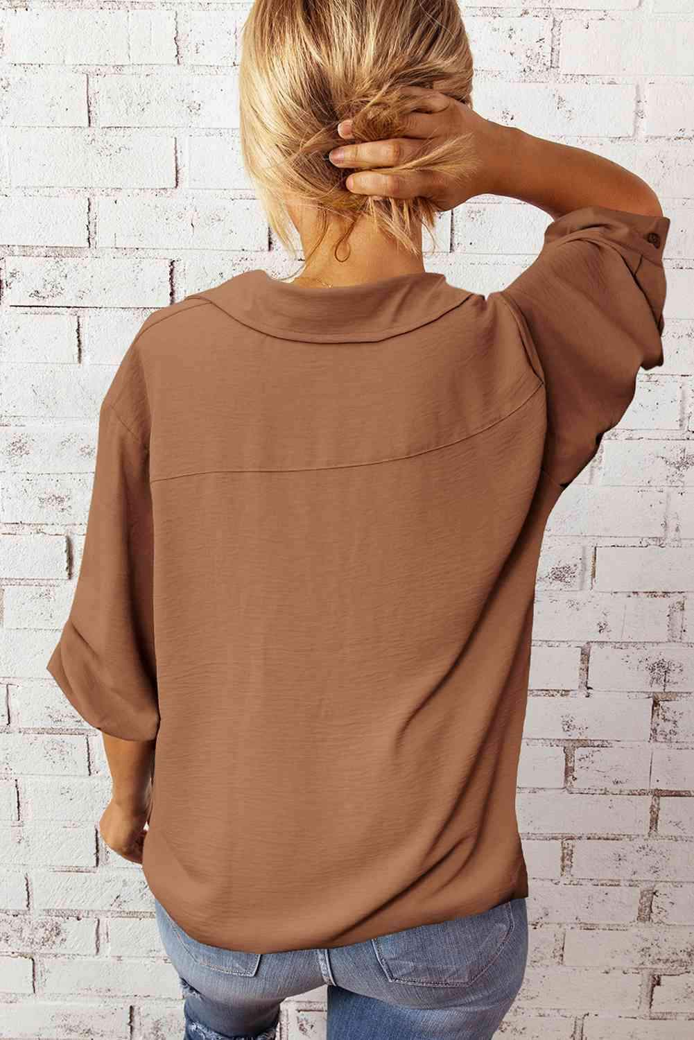 Textured Johnny Collar Three-Quarter Sleeve Blouse Blouses - Tophatter Daily Deals