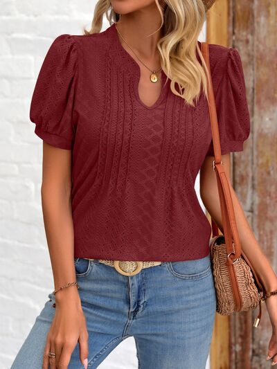 Eyelet Notched Puff Sleeve T-Shirt Wine Women's T-Shirts - Tophatter Daily Deals