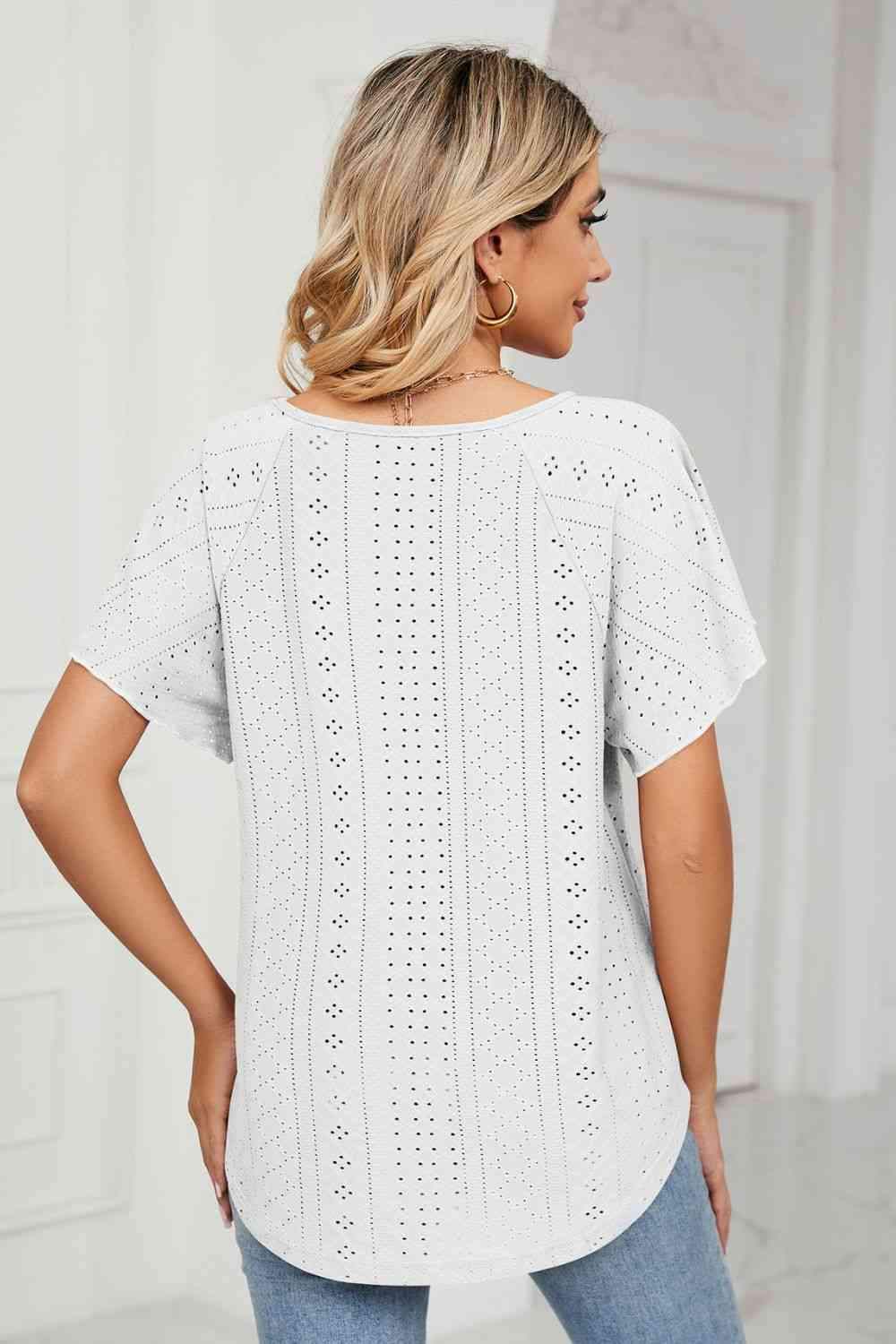 Eyelet Tie-Neck Flutter Sleeve Top Blouses - Tophatter Daily Deals