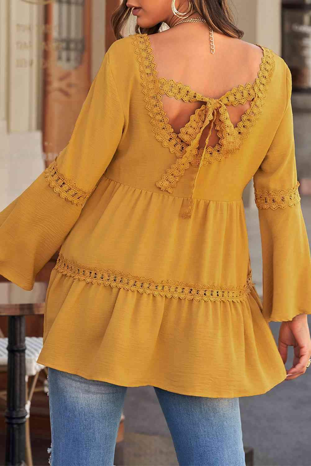 Crochet Three-Quarter Flared Sleeve Blouse Blouses - Tophatter Daily Deals