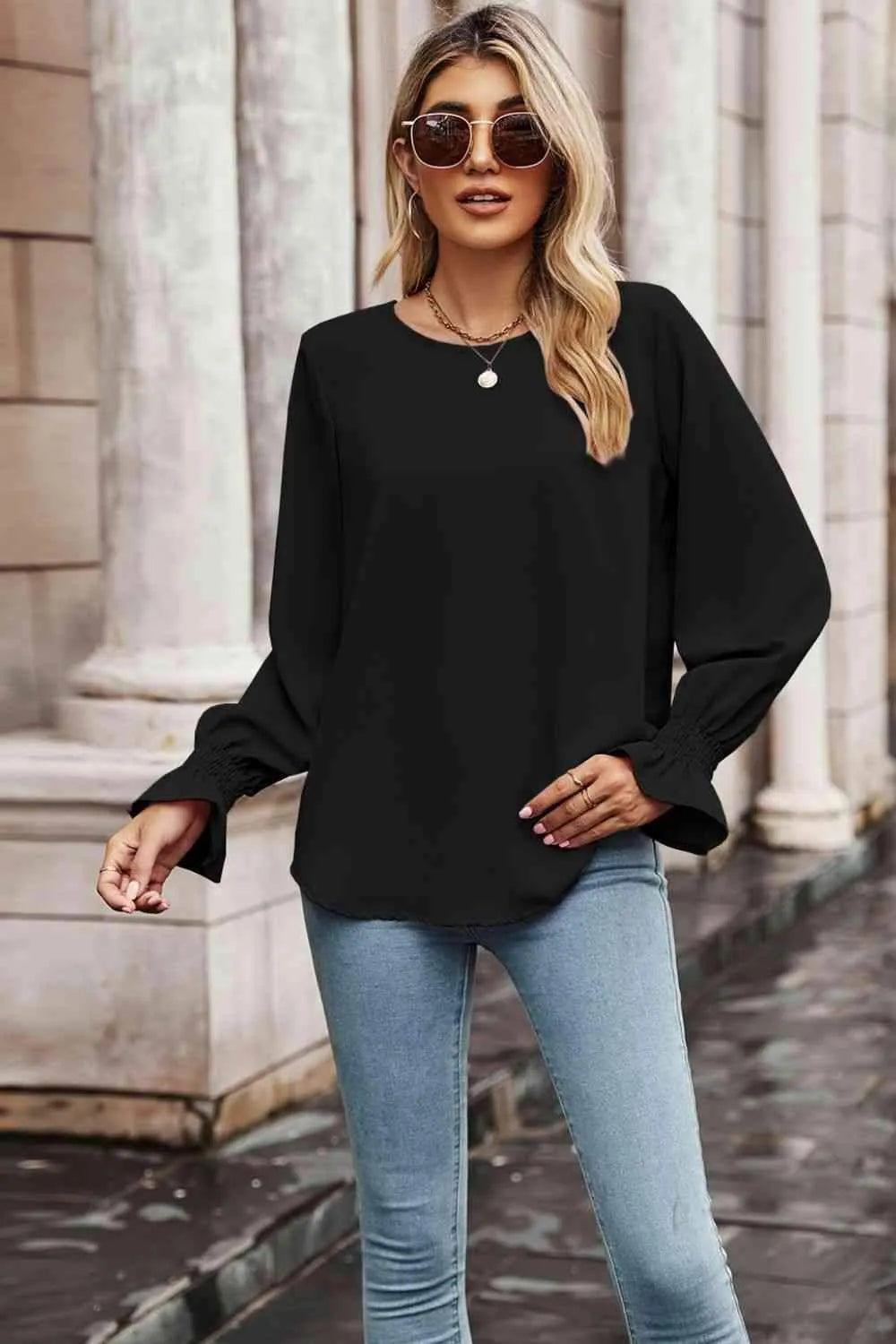 Round Neck Long Flounce Sleeve Blouse Black Blouses - Tophatter Daily Deals