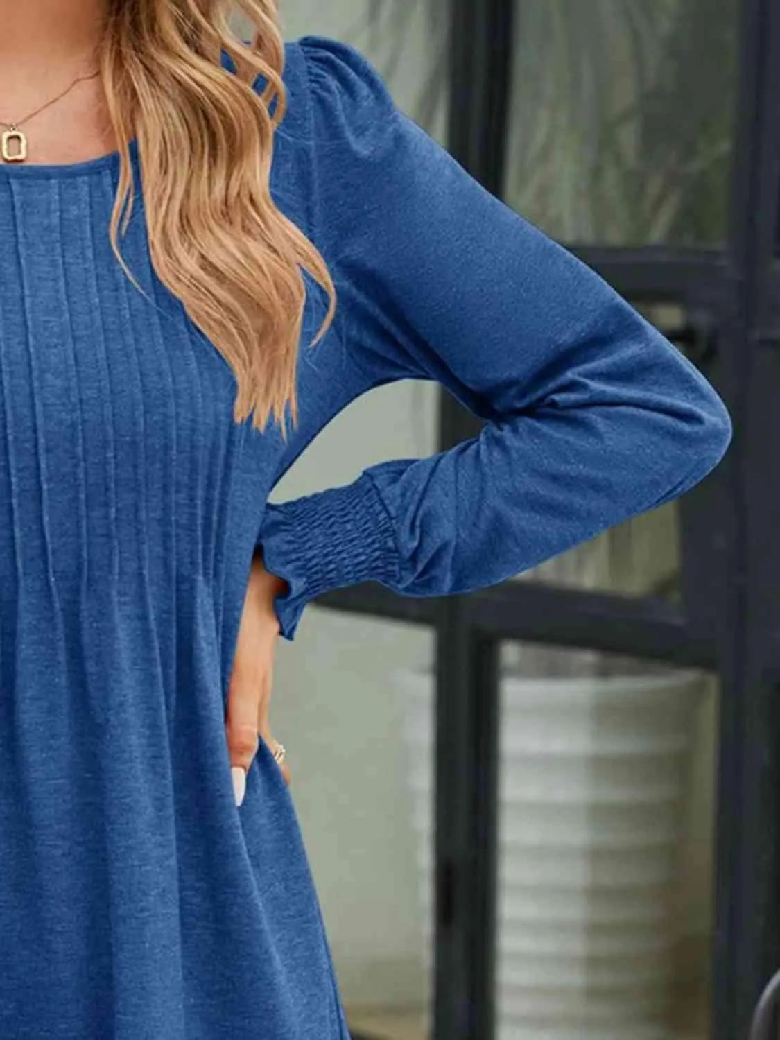 Smocked Round Neck Lantern Sleeve Blouse Blouses - Tophatter Daily Deals