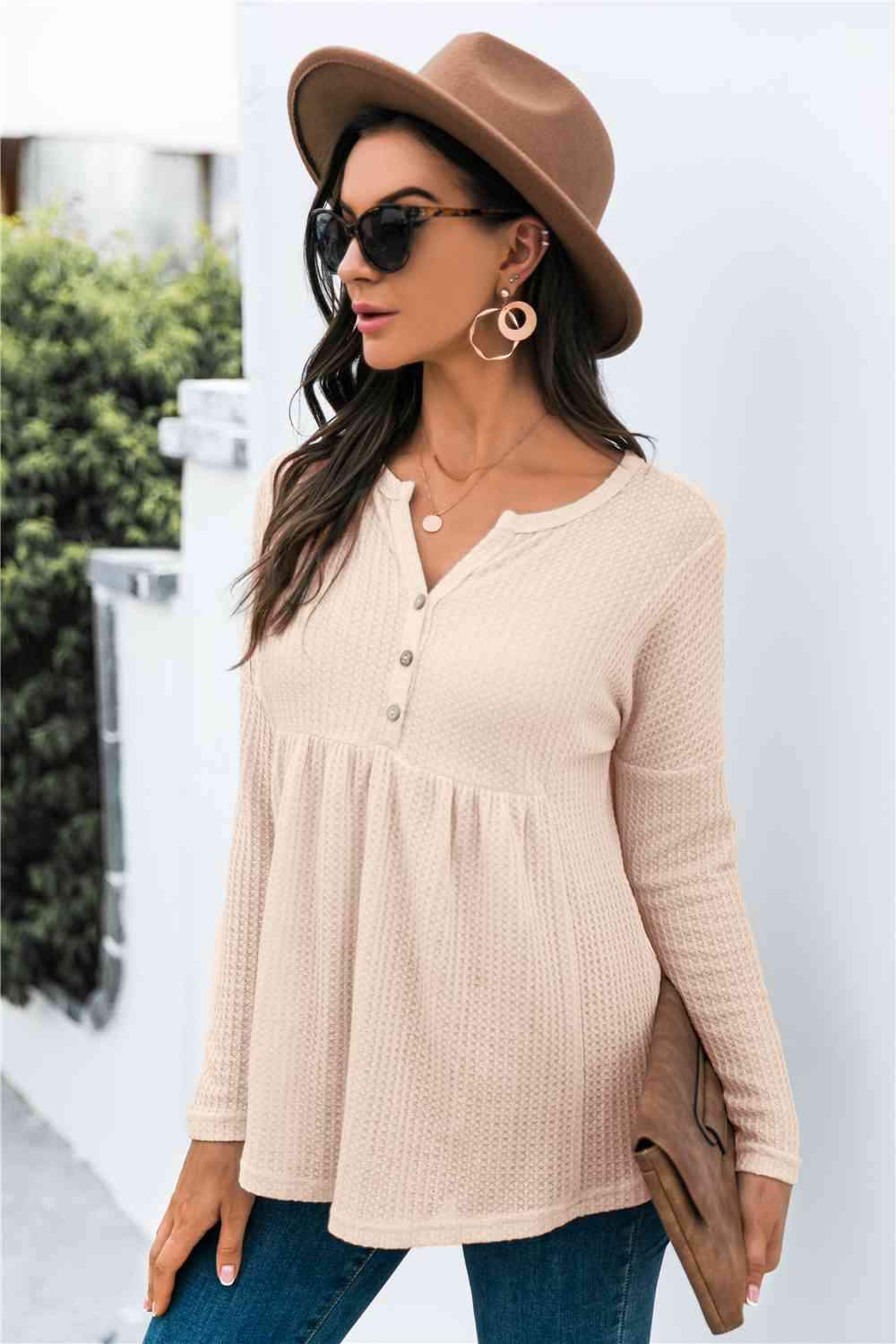 Button Front Waffle Knit Babydoll Top Blouses - Tophatter Daily Deals