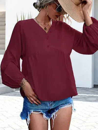 V-Neck Buttoned Balloon Sleeve Blouse Wine Blouses - Tophatter Daily Deals