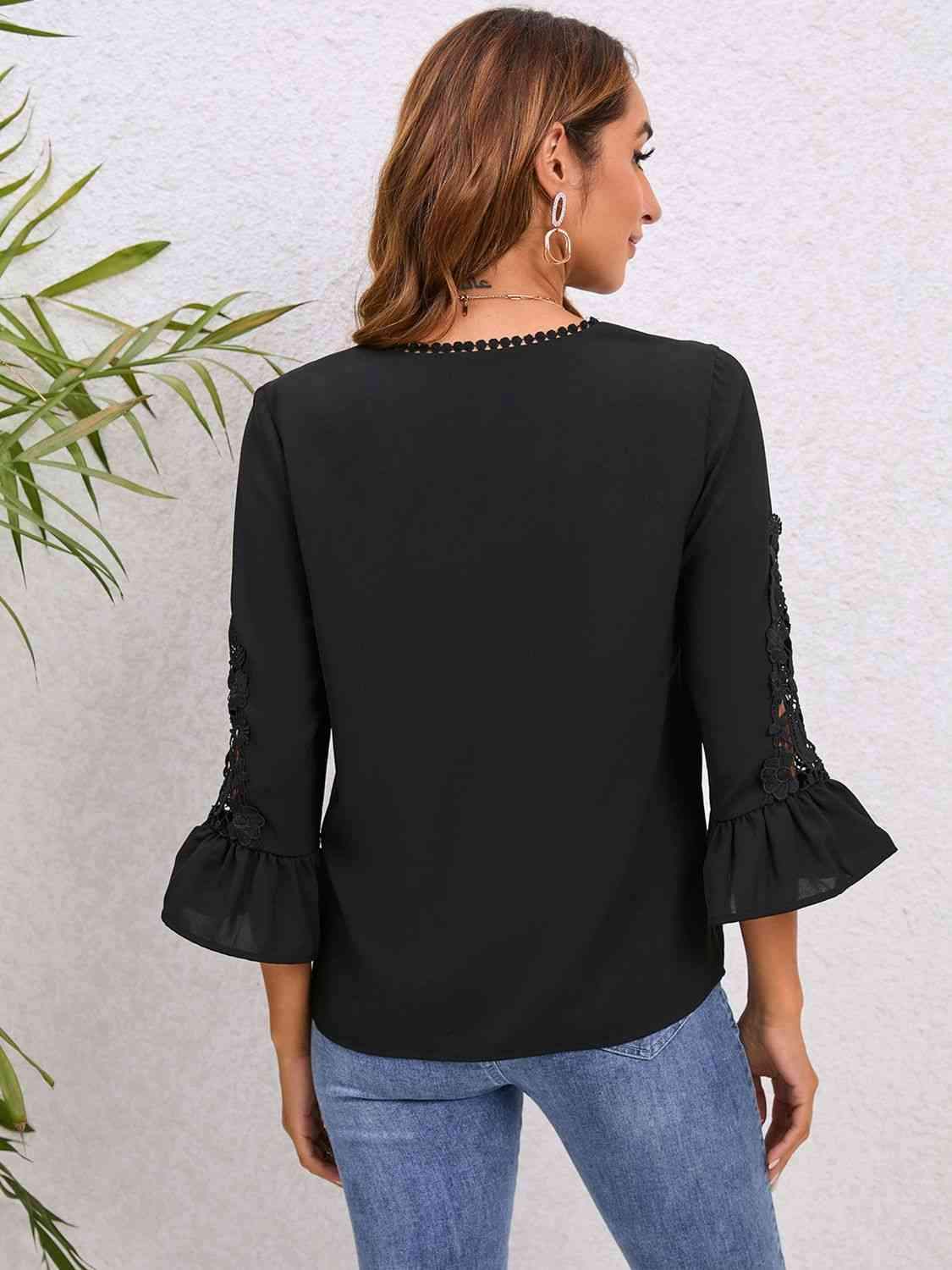 V-Neck Lace Detail Flounce Sleeve Blouse Blouses - Tophatter Daily Deals