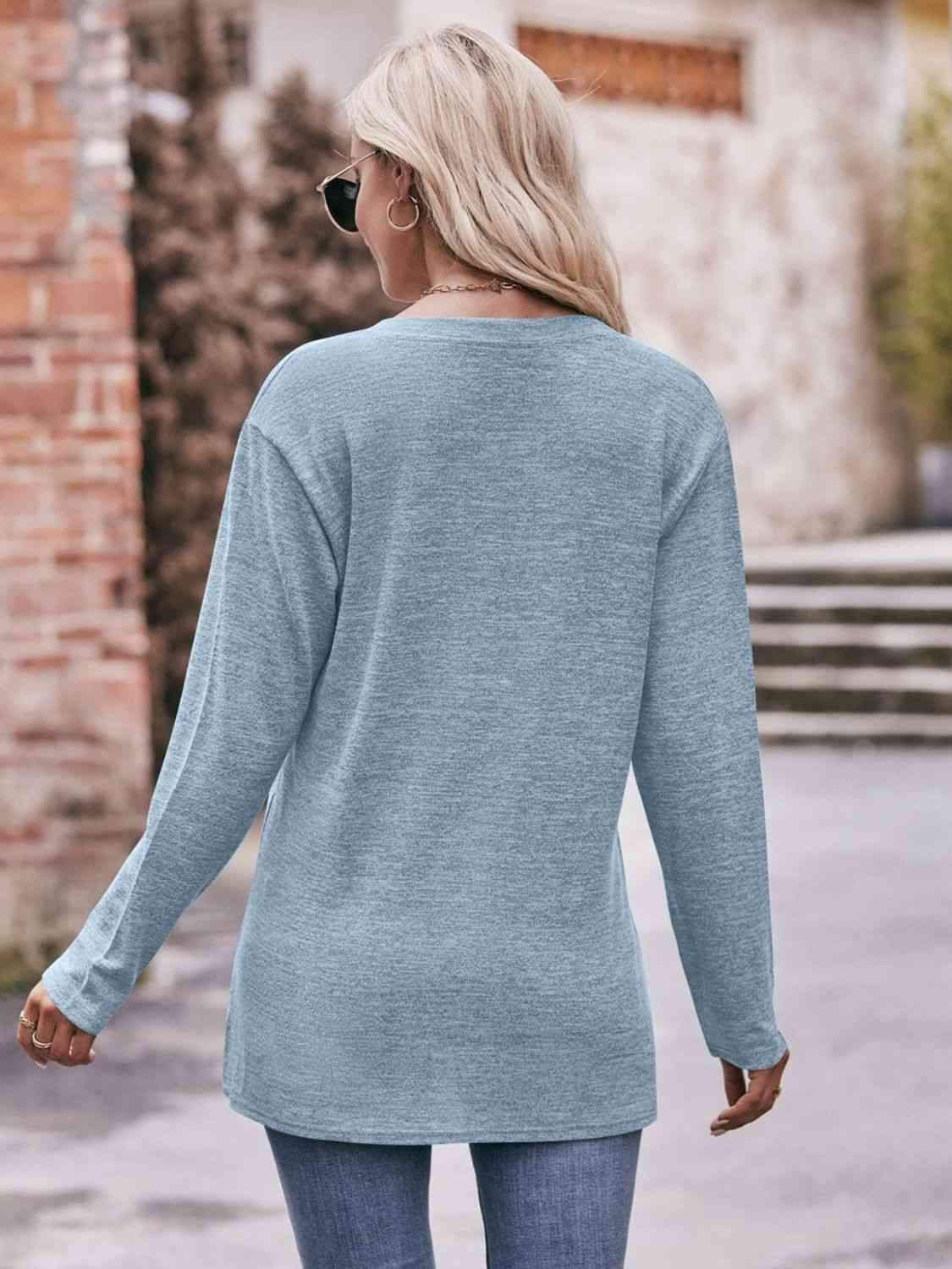 Double Take Buttoned Notched Neck Long Sleeve Top Blouses - Tophatter Daily Deals