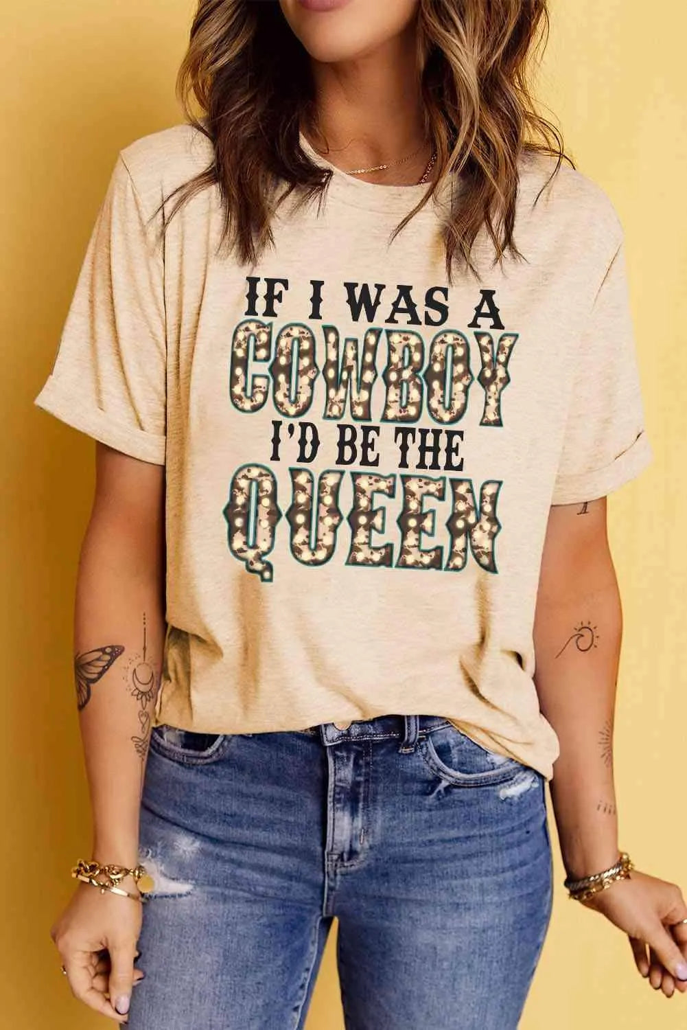 Slogan Graphic Round Neck Cuffed Sleeve Tee Sand Women's T-Shirts - Tophatter Daily Deals