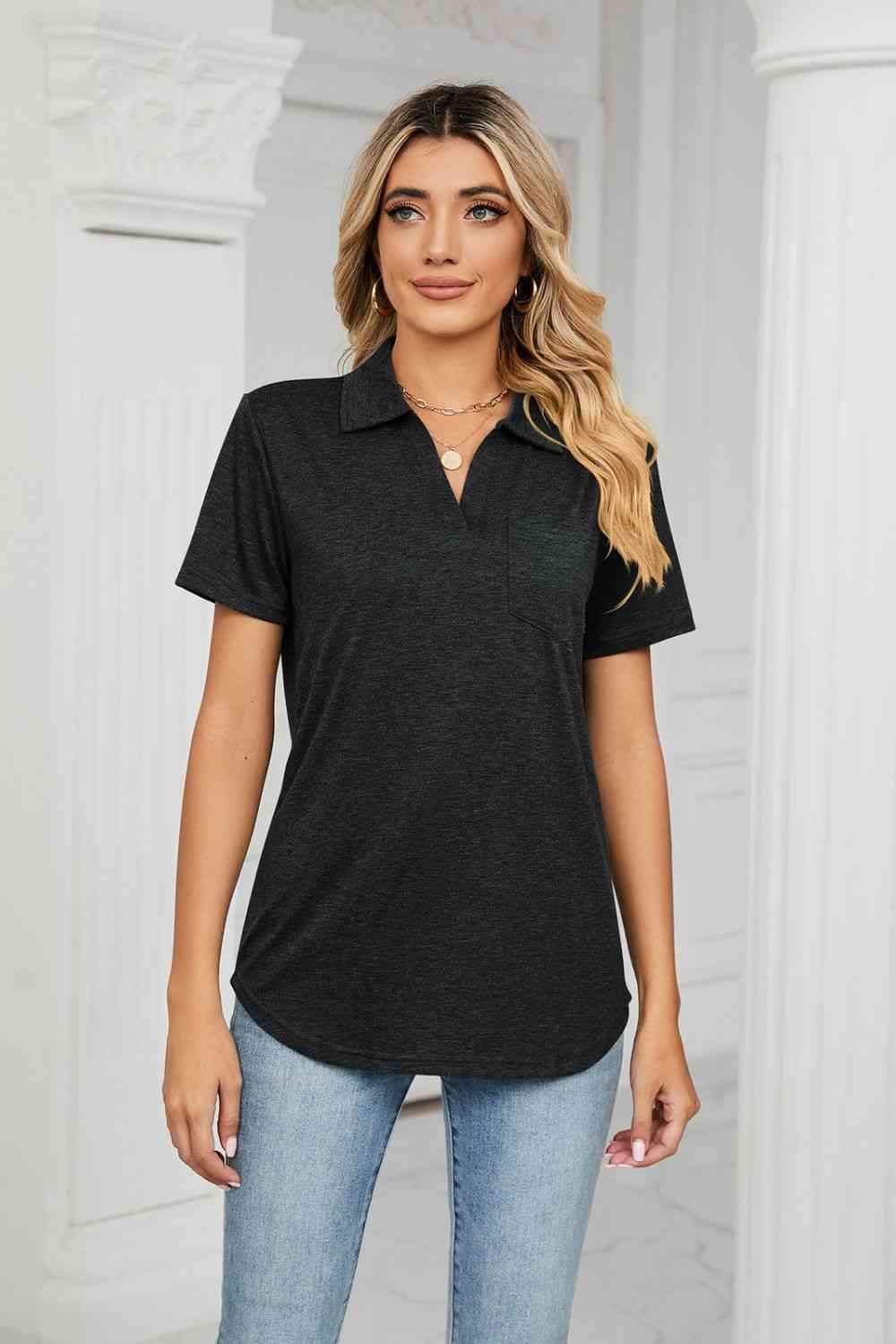 Curved Hem Johnny Collar Polo Shirt Blouses - Tophatter Daily Deals