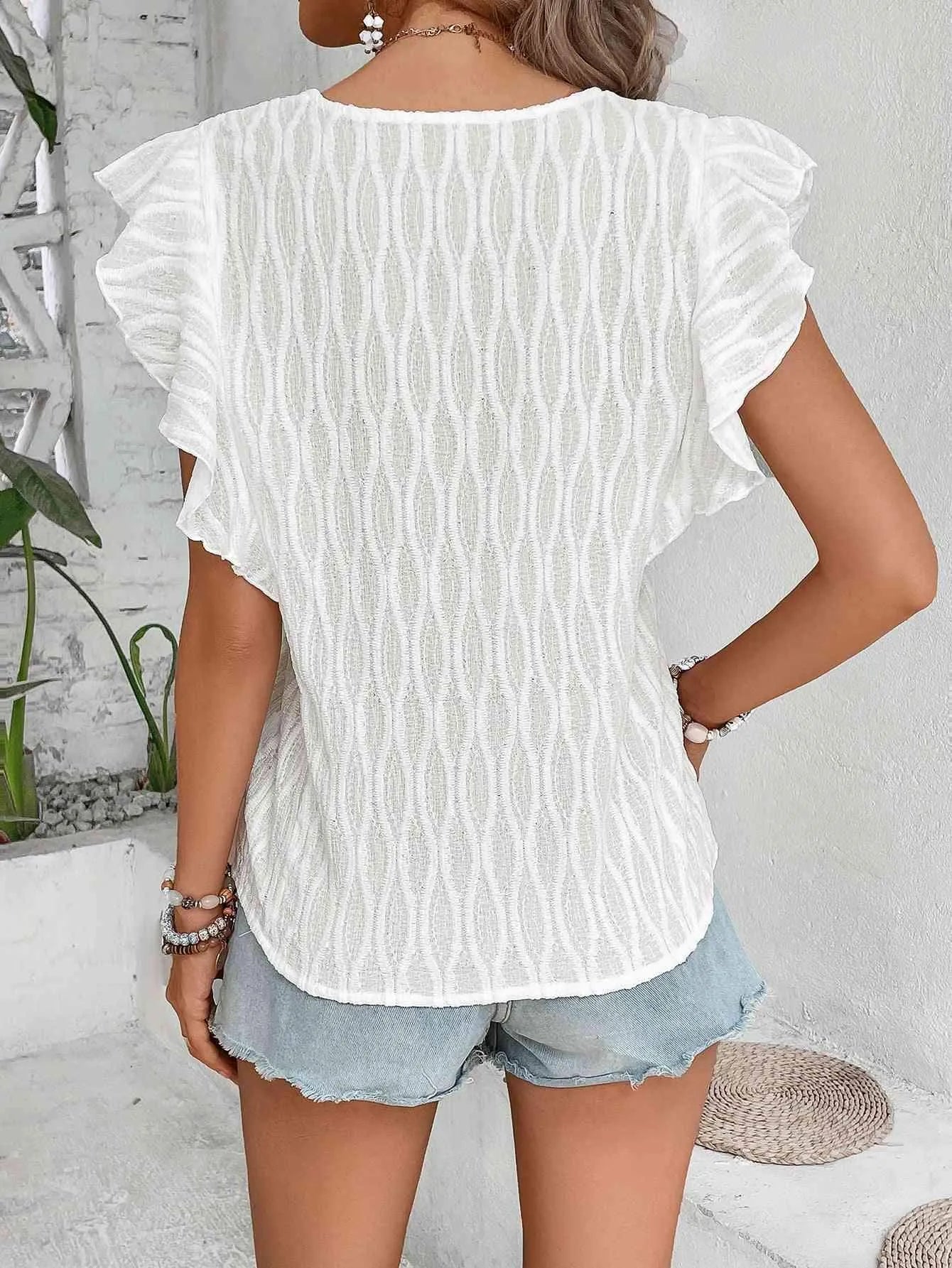 Scalloped V-Neck Butterfly Sleeve Top Blouses - Tophatter Daily Deals