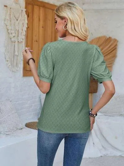 Eyelet Asymmetrical Neck Short Sleeve T-Shirt Women's T-Shirts - Tophatter Daily Deals