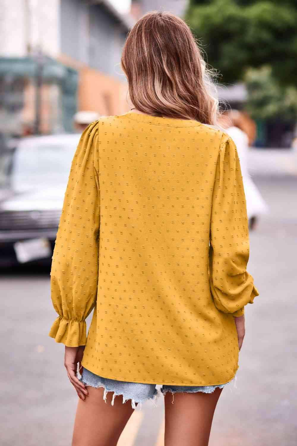 Swiss Dot Notched Neck Flounce Sleeve Blouse Blouses - Tophatter Daily Deals