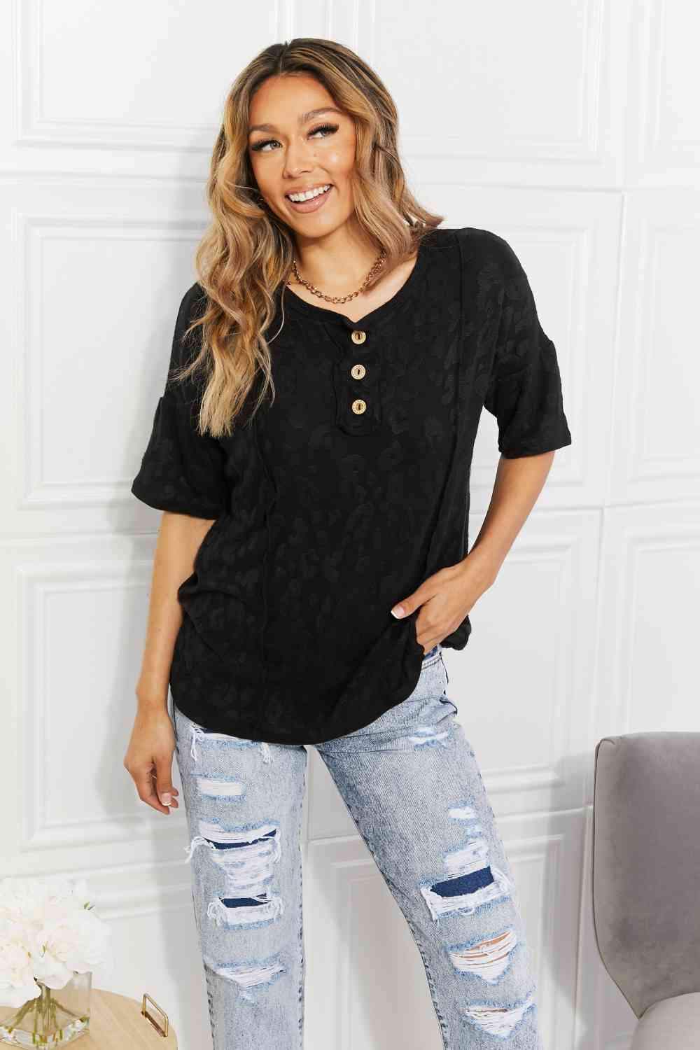 BOMBOM At The Fair Animal Textured Top in Black Black Blouses - Tophatter Daily Deals