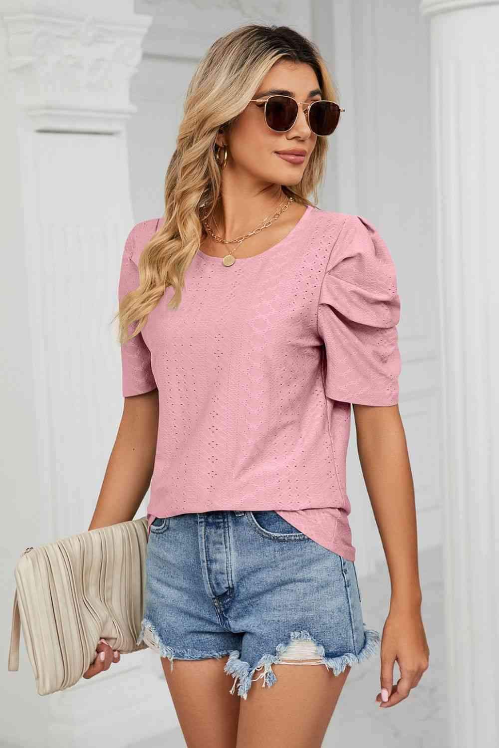 Eyelet Puff Sleeve Round Neck Blouse Pink Blouses - Tophatter Daily Deals