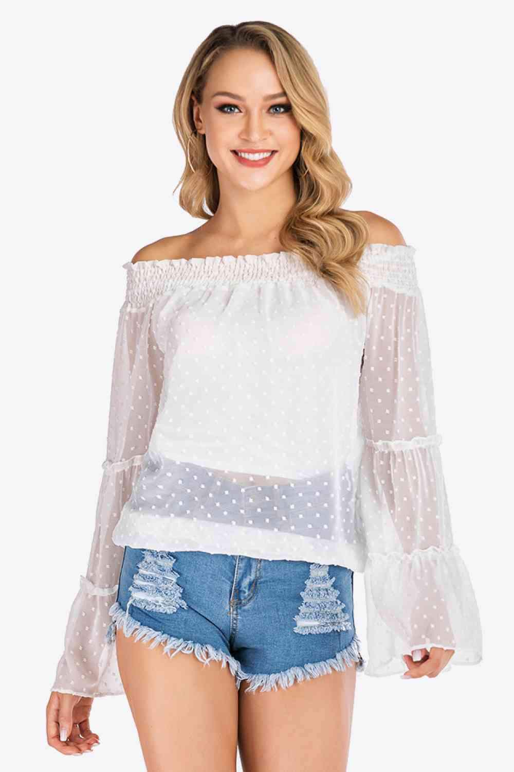 Swiss Dot Off-Shoulder Blouse White Blouses - Tophatter Daily Deals