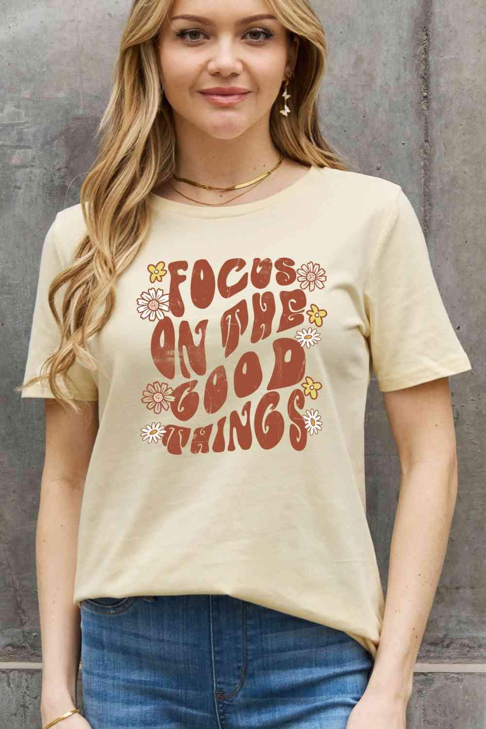 Simply Love Full Size FOCUS ON THE GOOD THINGS Graphic Cotton Tee Women's T-Shirts - Tophatter Daily Deals