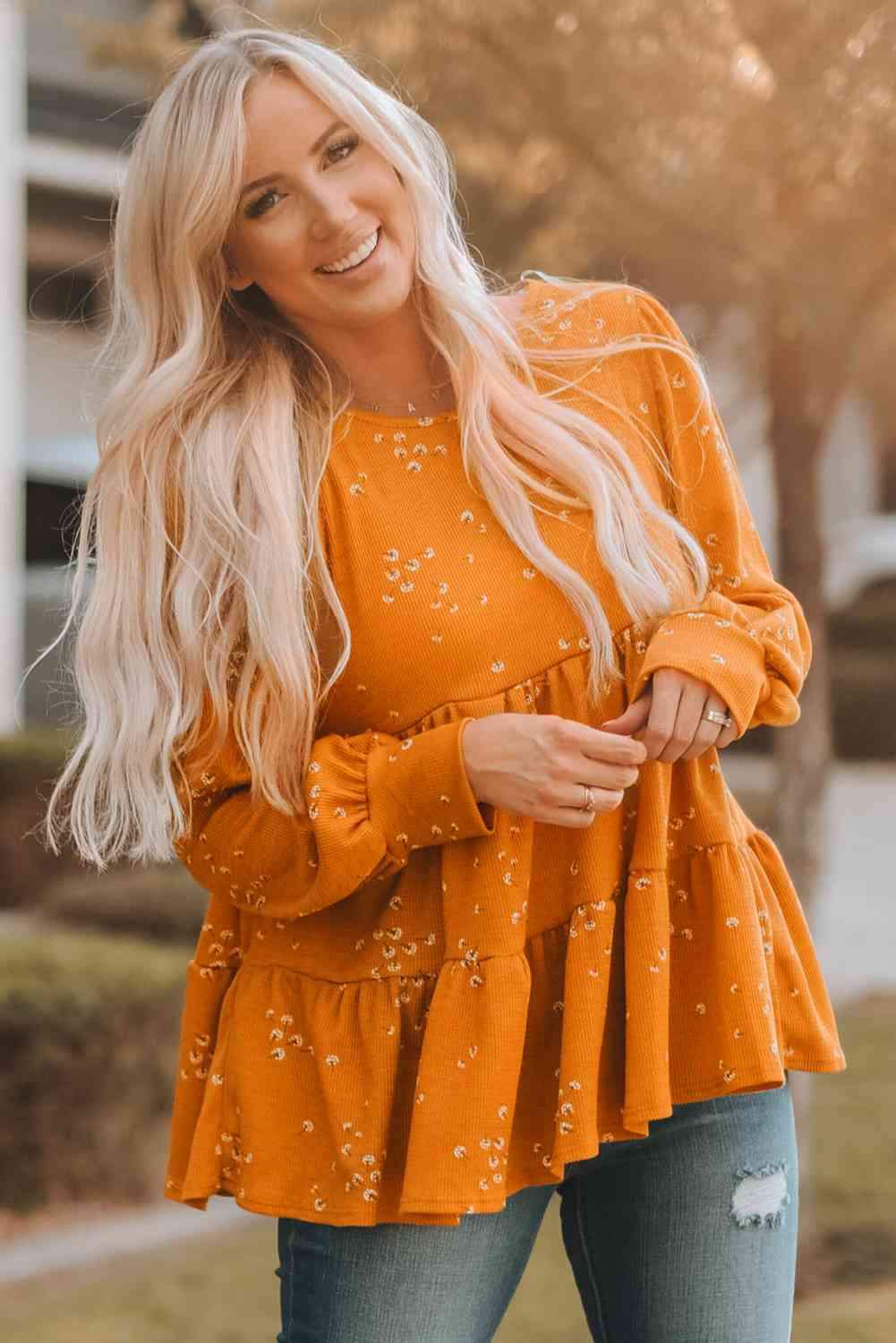 Floral Puff Sleeve Round Neck Babydoll Top Blouses - Tophatter Daily Deals