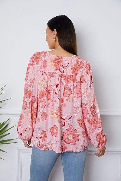 Floral Smocked Tassel Tie Balloon Sleeve Blouse Blouses - Tophatter Daily Deals