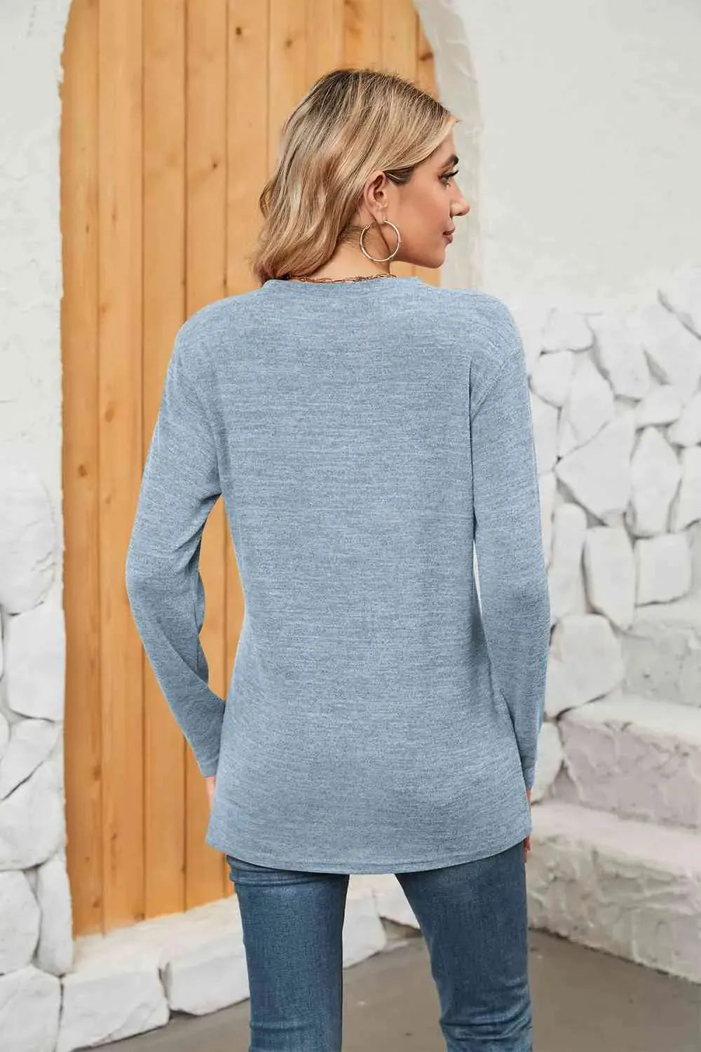 Notched Neck Long Sleeve T-Shirt Women's T-Shirts - Tophatter Daily Deals